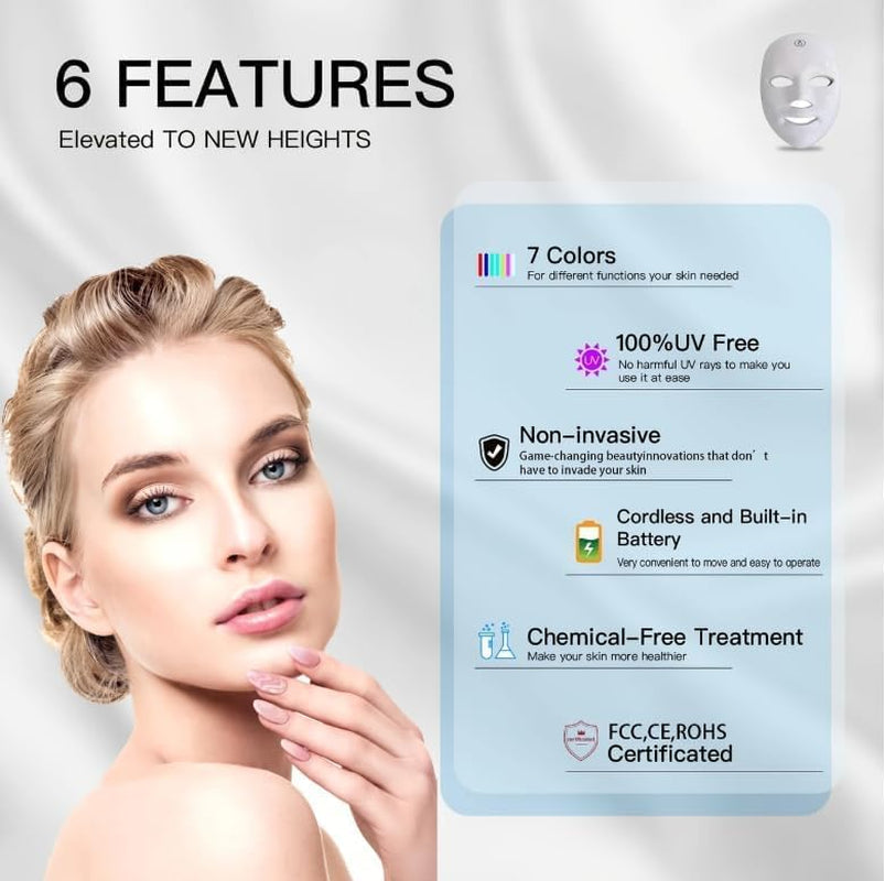 USB Rechargeable 7-Colour LED Lightweight Therapy Mask, Infared Light Repair, Anti-Wrinkle, Acne Removal, Skin Rejuvenation, Blemish Repair, Auto Mode, Wireless Design- (BOX SET)