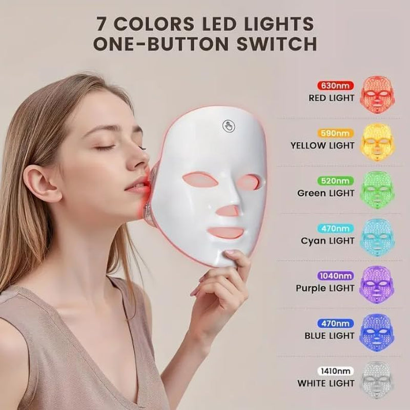 USB Rechargeable 7-Colour LED Lightweight Therapy Mask, Infared Light Repair, Anti-Wrinkle, Acne Removal, Skin Rejuvenation, Blemish Repair, Auto Mode, Wireless Design- (BOX SET)