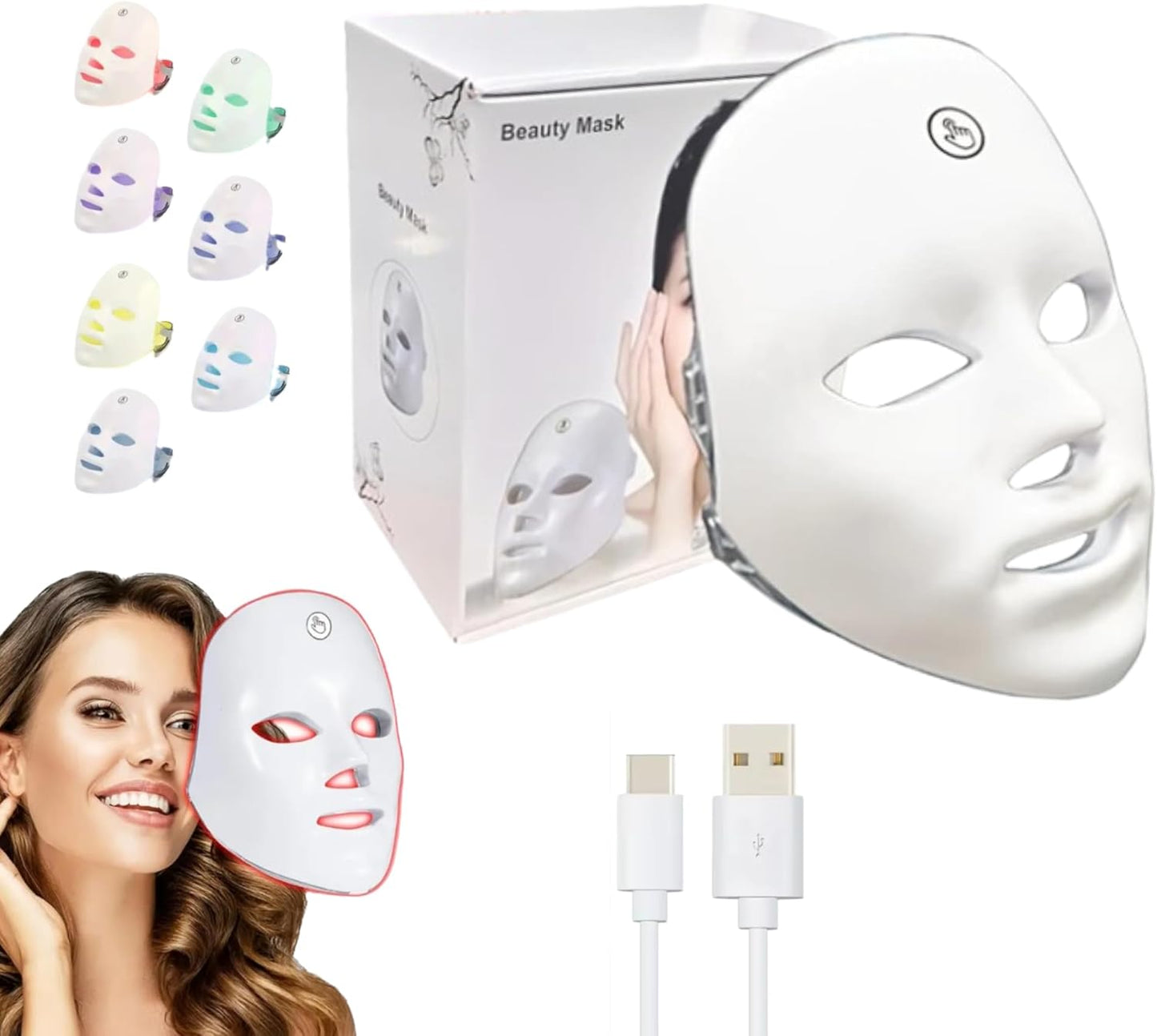 USB Rechargeable 7-Colour LED Lightweight Therapy Mask, Infared Light Repair, Anti-Wrinkle, Acne Removal, Skin Rejuvenation, Blemish Repair, Auto Mode, Wireless Design- (BOX SET)